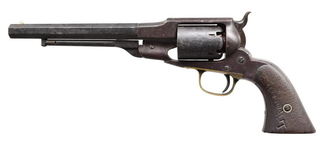 REMINGTON-BEAL'S NAVY MODEL REVOLVER.: Cal. 36. S# 5269. Bbl. 7 1/2" oct. w/ cone front sight. 6 Shot cyl. Brass trigger guard. 2 Piece walnut grips. Left grip panel has hand carved name that appears to read "Lippincott". CONDITION: metal