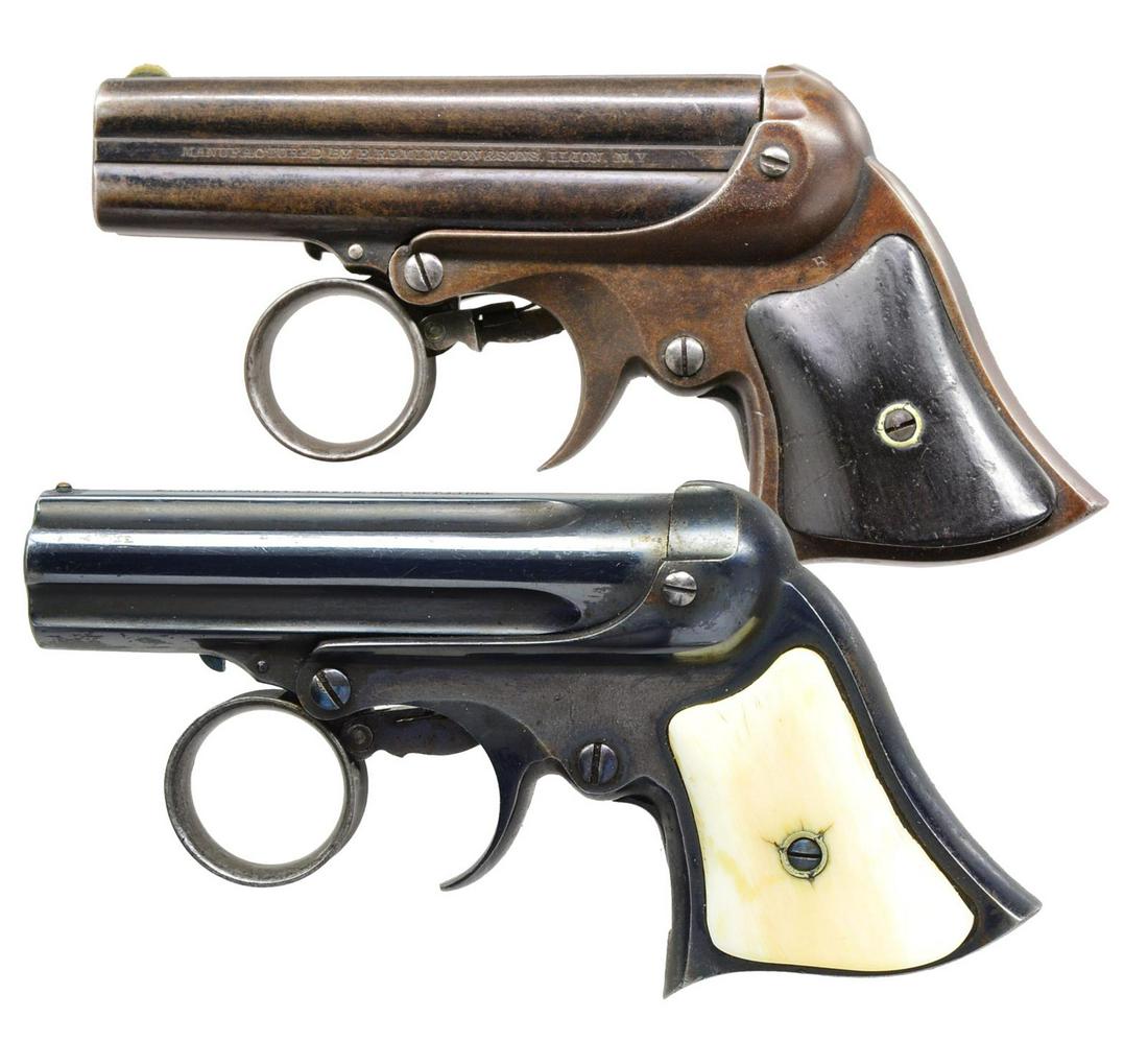 2 REMINGTON-ELLIOT DERRINGERS.: 1) Cal. 32 RF. NSN. Bbls. 3 3/8" four shot cluster w/ semi circular front sight. Bbl. cluster tips forward for loading. Features a ring type trigger & rotating firing pin. 2 Piece rosewood grips. COND