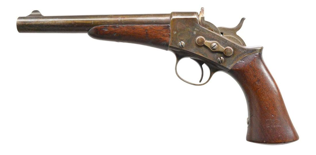 REMINGTON 1871 ARMY ROLLING BLOCK PISTOL.: Cal. 50 CF. S# 5162. Bbl. 8" rnd. Case colored action w/ 2 line patent dates along with "P" & "S" markings on left side of frame. Left inside tangs bear assembly # "5410" along w/ matching S# on top t