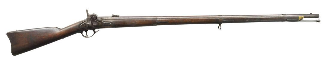 1858 DATED MODEL 1855 (TYPE I) HARPERS FERRY RIFLE: MUSKET. Cal. 58. NSN. Standard configuration, 56" overall w/ 40" bbl., brass nosecap. Lock is marked "U.S. / HARPERS FERRY" forward of hammer & "1855" on tail. CONDITION: good overall. Appears complet