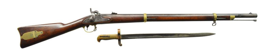 CIVIL WAR 1863 REMINGTON ZUAVE RIFLE WITH BAYONET.: Cal. 58. NSN. Standard configuration. Bbl. 33" rnd. having proofs at breech. Lock is marked "US" along w/ eagle over "REMINGTON'S / ILION N.Y." & "1863" rear of hammer. 2 Leaf rear sight & distinctive