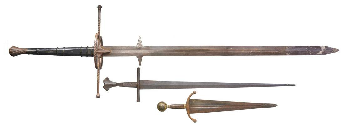 3 EARLY EUROPEAN SWORDS.: 1) KNIGHTLY ARMING SWORD. Overall length: 38 5/8". Blade length: 31 1/4". A late medieval arming sword typified by its length & 1 handed grip. Plain tapered blade has a notable medial ridge. Heavy cru