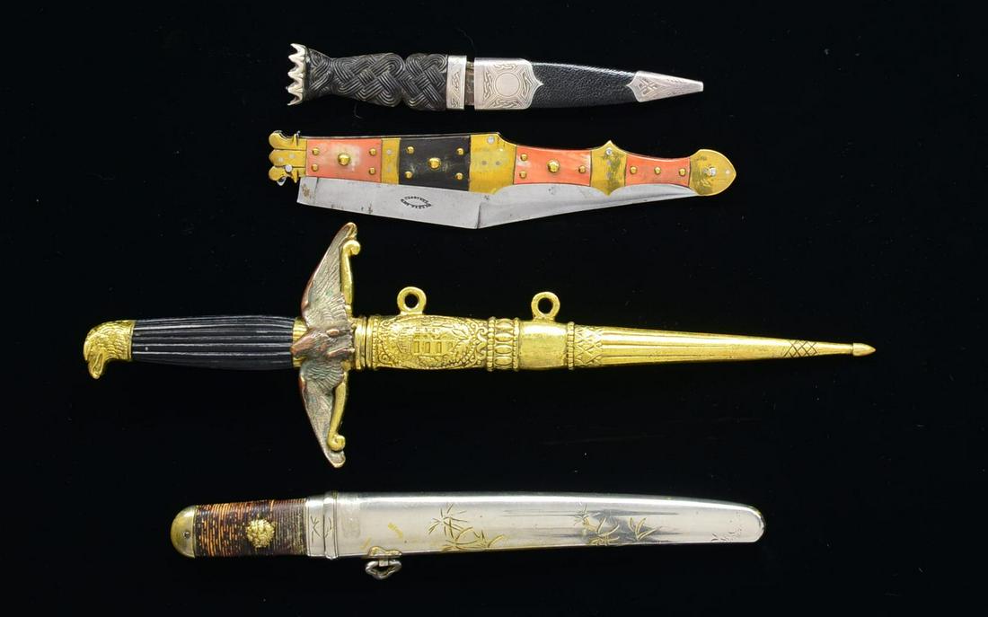 4 EDGED WEAPONS.: 1) SGIAN DUBH IN SCABBARD. Overall length: 7 3/4”. Blade length: 3 1/4". Plain blade w/ single fuller & 5 notches in the top. Bog oak grip carved in a knot pattern. Engraved silver ferrule & pommel.