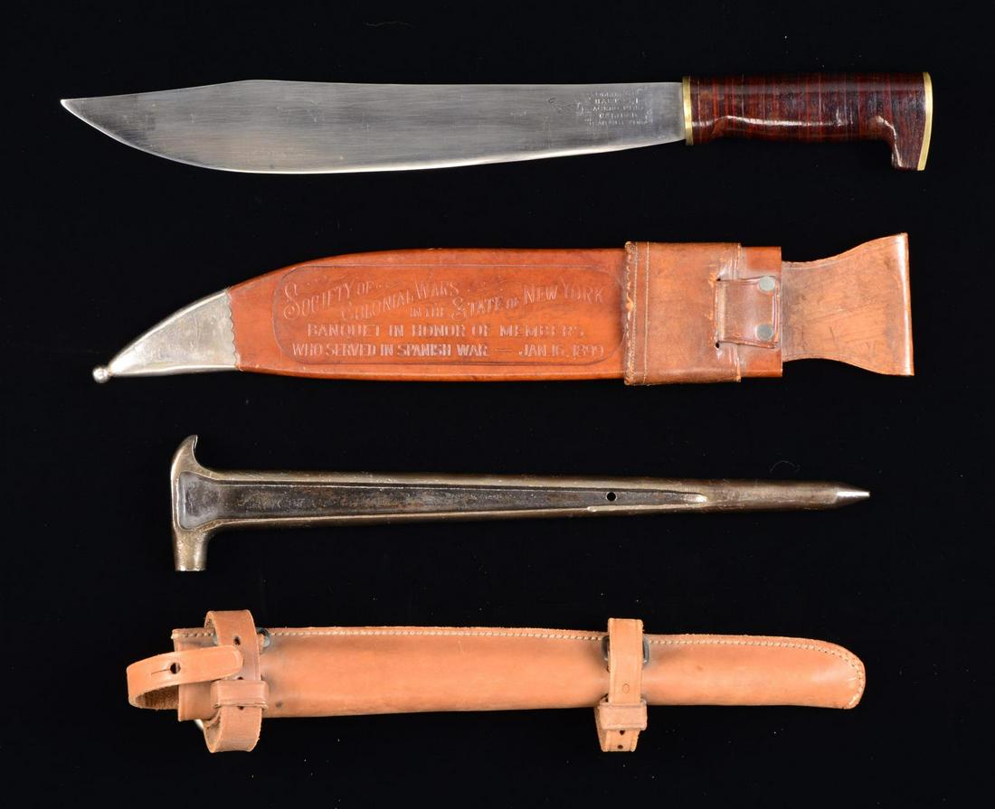 EXEMPLARY SPANISH AMERICAN WAR KNIFE & CAVALRY: COMBINATION TOOL. 1) Large Collins knife, 17" overall w/ 12 1/4" blade in like new condition w/ matching scabbard embossed “SOCIETY OF COLONIAL WARS IN THE STATE OF NEW YORK / BANQUET IN HONOR OF ME