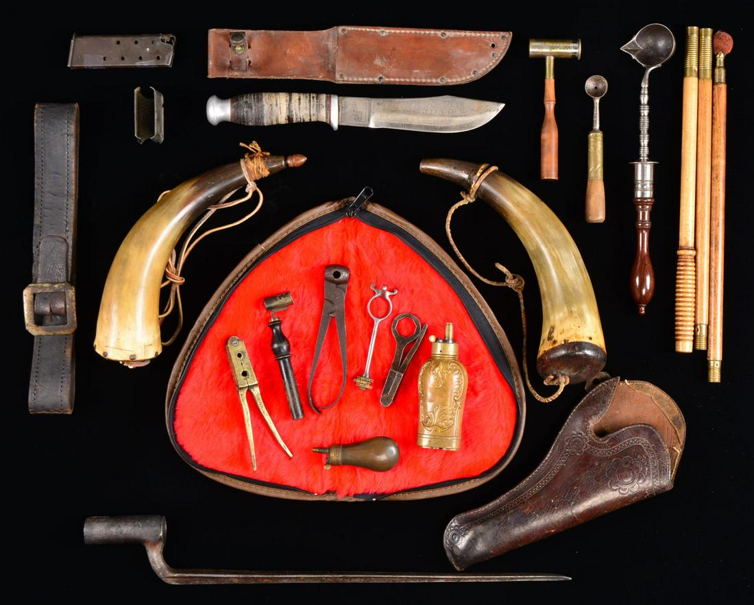 MISC. GROUP OF ANTIQUE GUN ACCESSORIES.: 2 Powder horns. / Sm. 3 3/4" brass bag flask. / 3 Compartment pistol flask 5". / 2 Wooden handled powder measures. / 2 Lead pourers. / Shotgun tool & wood/brass 3 piece cleaning rod. / Rusted 1816 typ
