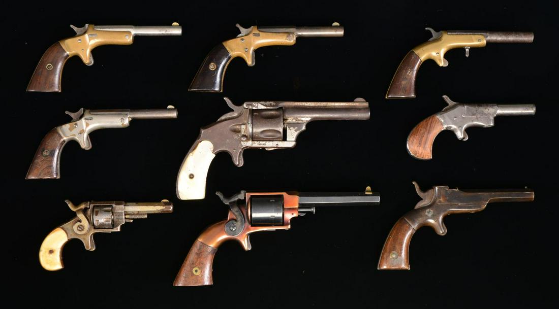 9 ANTIQUE HANDGUNS.: 1) UNMARKED SINGLE SHOT PISTOL. Cal. 32 RF. S# 215. Bbl. 3 3/4" oct. w/ bead front sight & fixed square notch rear sight. Bbl. swings to right for loading. Spur trigger action w/ 2 piece walnut grips.