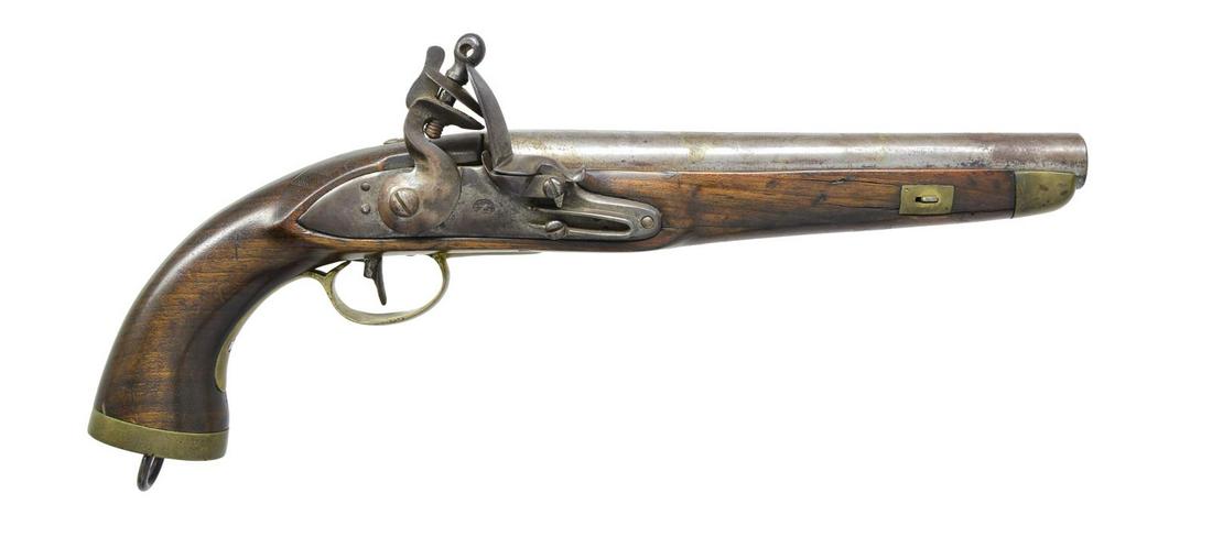 ANTIQUE MILITARY STYLE FLINTLOCK PISTOL.: Cal. about 69. NSN. Bbl. 9" of twist steel w/ smooth bore. Iron lock has oval marking that may be in Cyrillic. Key fastened walnut stock. Brass fittings include butt cap, trigger guard, nose cap, alon