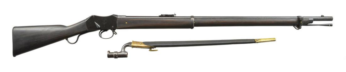 CENTRAL ASIAN REBUILT MARTINI HENRY SINGLE SHOT: BY ENFIELD WITH BAYONET. Cal. 577/450. S# 610. Bbl. 33” w/ correct proofs fitted w/ usual ladder type rear sight. Area under sight on bbl. stamped “N. S” “NEP”. 1876 Dated Martini action by 