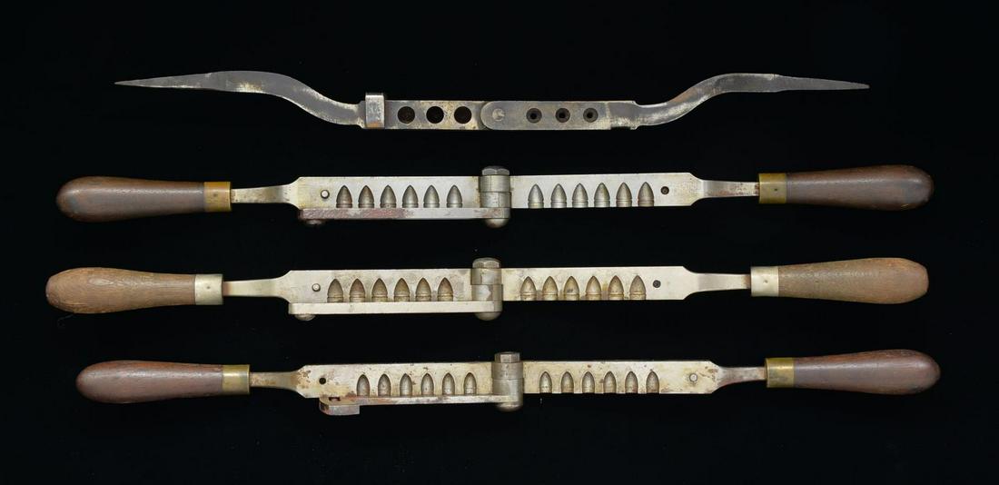 4 CIVIL WAR ERA ARSENAL GANG MOLDS.: This group consists of three 6-cavity pistol molds for Colt or other Army/Navy revolvers. 2 Molds are 44 cal., both marked "44H". 3rd Mold is 36 cal., only markings noted are sm. inspector letters. 4t