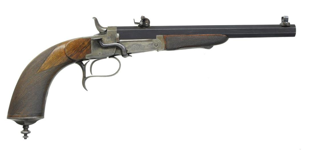 BELGIAN SINGLE SHOT TARGET PISTOL.: Cal. 320 Rev. S# 3853. Bbl. 9 5/8" oct. w/ dovetailed target sights; open toped windage adj. blade front sight & finely adj. elevation rear. Left side of bbl. w/ 320 & proofs of crown R, star over T &