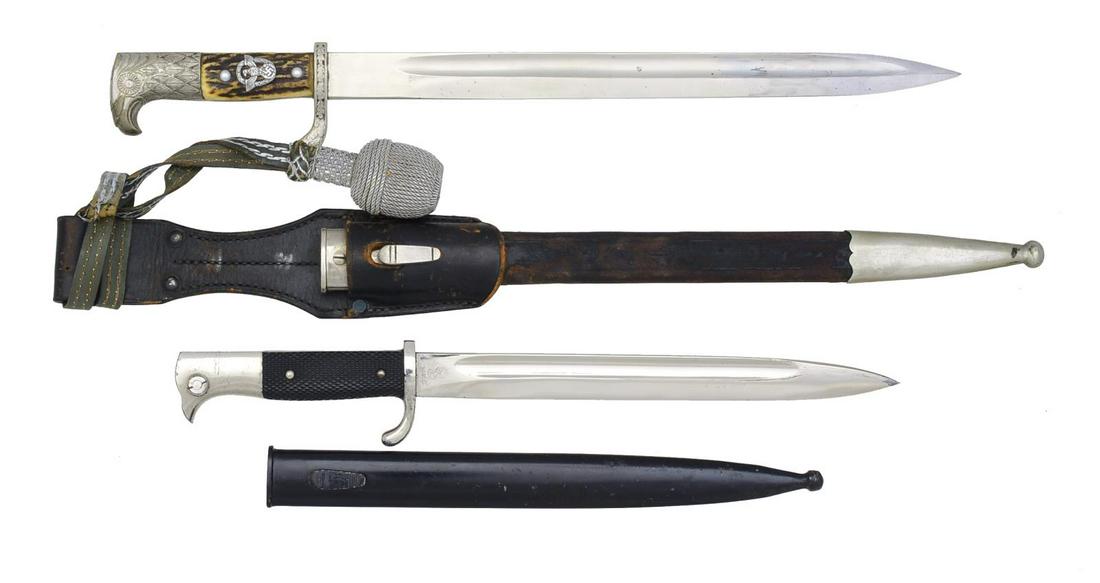 2 WWII GERMAN DRESS BAYONETS.: 1) POLICE. Overall length: 19 3/4". Single fullered blade marked, “EWELD CLEFF SOLINGEN”. Crossguard is stamped, “S.B.16293.”. Stylized eagle head pommel. 2 Piece stag horn grip w/ aluminum po