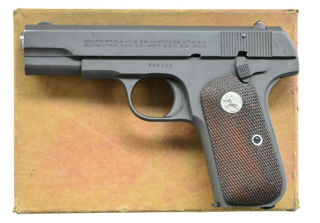 COLT US PROPERTY 1903 POCKET HAMMERLESS SEMI AUTO: PISTOL. Cal. 32 ACP. S# 566933. Bbl. 3 3/4". Ramp front sight w/ square notch rear sight. Parkerized finish. Right side of frame is marked "U.S. PROPERTY". 2 Piece checkered walnut grips w/ Rampant Co