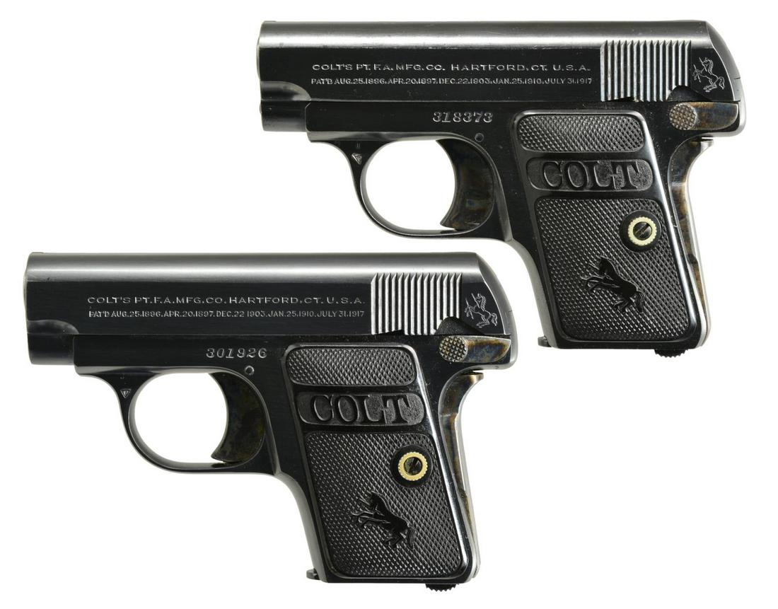 2 COLT MODEL 1908 VEST POCKET SEMI-AUTO PISTOLS.: BOTH: cal. 25 ACP. Bbls. 2". Blued w/ case colored trigger, thumb safety & grip safety. Checkered Colt logo hard rubber grips. Mag. disconnect. Total production 1908-1946. MAGS: 2 very good 6 rd. Colt