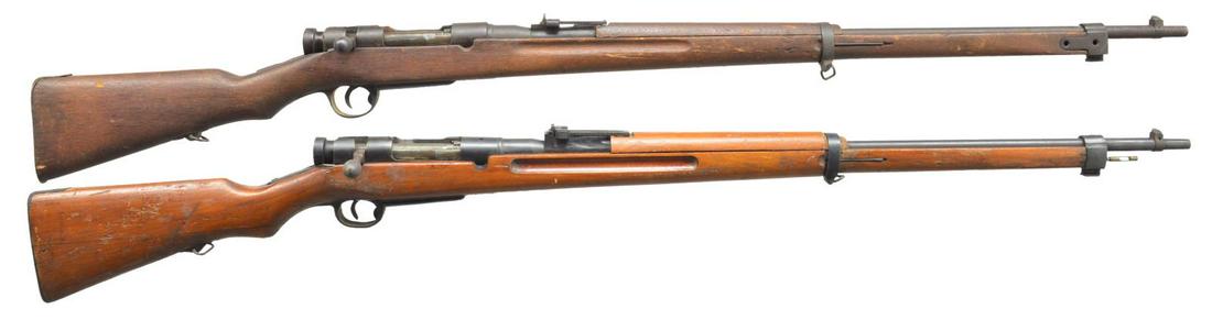 2 JAPANESE WWII TYPE 38 TRAINER RIFLES.: 1) Cal. 6.5 Jap. S# 16. Bbl. 31". Numbers match on bolt & receiver. Receiver is marked on left side w/ S#. Receiver has integral tangs. Ladder aperture rear sight graduated to 1700m. Inverted V front