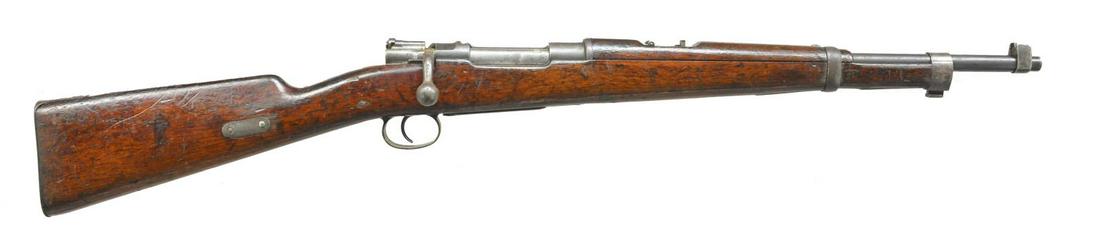 3 MILITARY BOLT ACTION RIFLES.: 1) CHILEAN MODEL 1895 CAVALRY CARBINE. Cal. 7mm Mauser. S# A1455. All visible numbers match. Import marked at bottom of bbl. Bbl. 18”. Receiver marked on left side “MAUSER CHILENO MODELO 1895 MANU