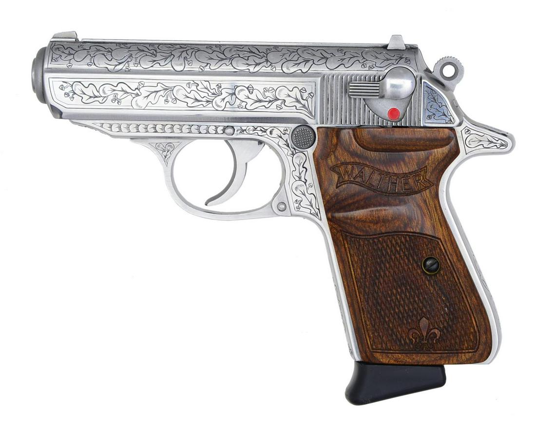SMITH & WESSON / WALTHER AMERICAN MODEL PPK/S: SEMI AUTO PISTOL. Cal. 32 ACP. S# 6645BAP. Bbl. 3 1/4". Nickel finished action w/ acorn & oak leaf ornamentation. White dot blade front sight w/ fixed square notch rear sight. 2 Piece laminated Walthe