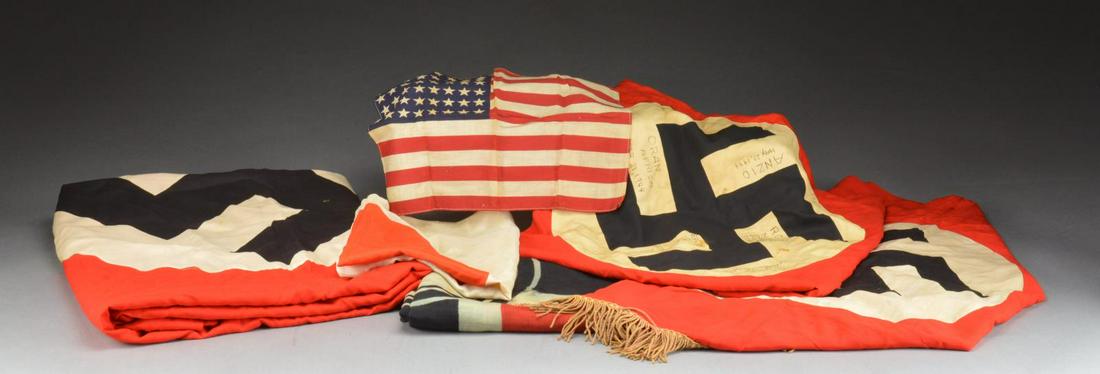 ASSORTMENT OF 7 WWII ERA FLAGS.: Group includes 1 lg. WWII German printed battle flag showing significant wear & numerous scattered holes & losses. / 1 Medium sized WWII Japanese Hinomaru flag in silk w/ reinforced corners. / 1 Mediu