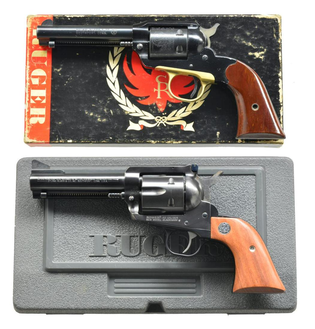 RUGER OM BEARCAT & NM BLACKHAWK REVOLVERS.: 1) OLD MODEL BEARCAT. Cal. 22 LR. S# M159. Bbl. 4" w/ blade front sight & frame notched rear. Mfg. 1959 & referred to "Alpha Cat" by collectors; 3 groups of letter prefix models, 1958 - 1960. Some spe