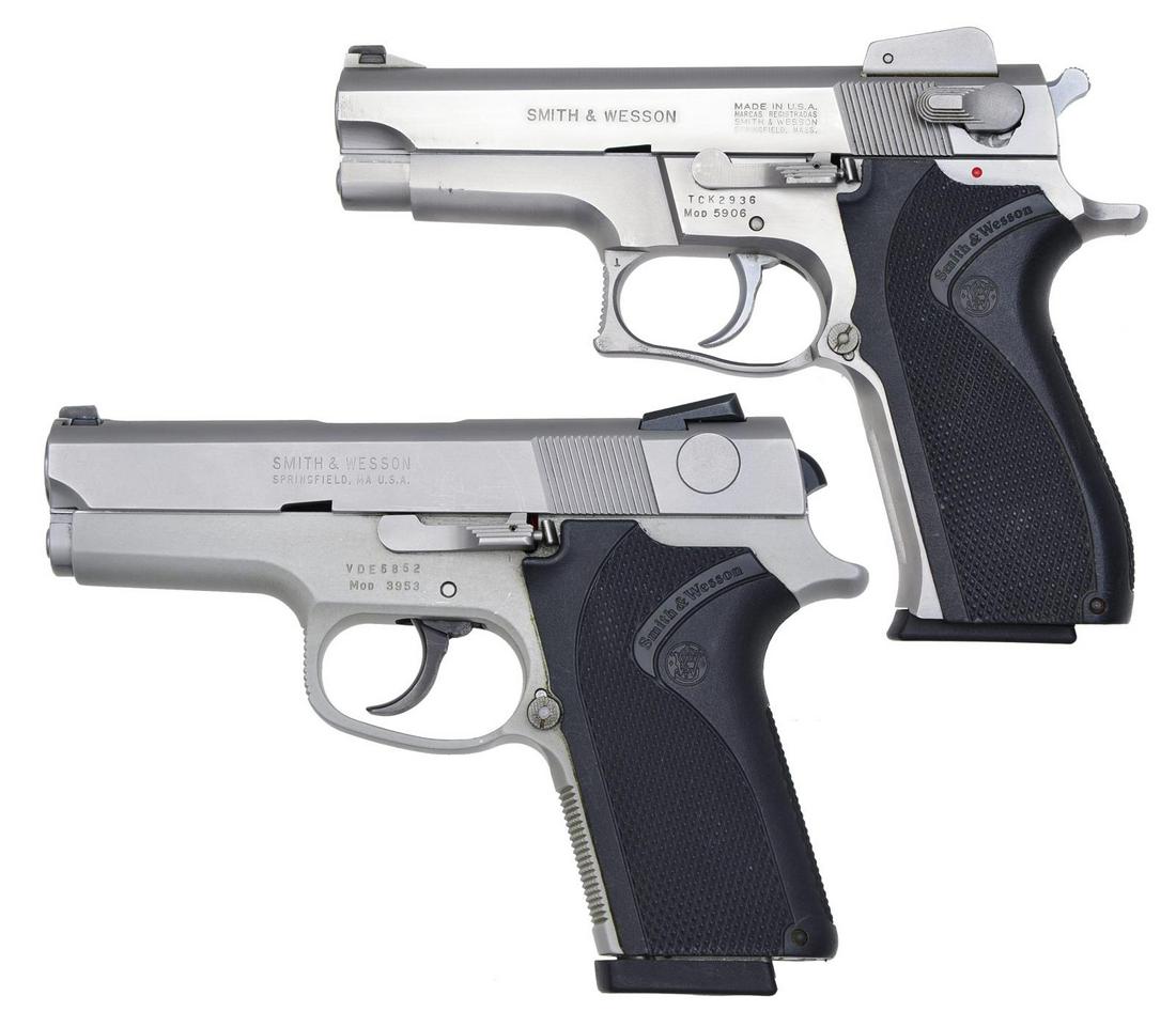 PAIR OF SMITH & WESSON 9MM AUTO PISTOLS.: 1) SMITH & WESSON 5906. Cal. 9mm. S# TCK 2936. Bbl. 4". Ramp front w/ dovetail white bead sight & adj. rear sight. Checkered S&W black hard rubber grips. MAGS: 1 - 14 rd. factory mag. CONDITION: retai