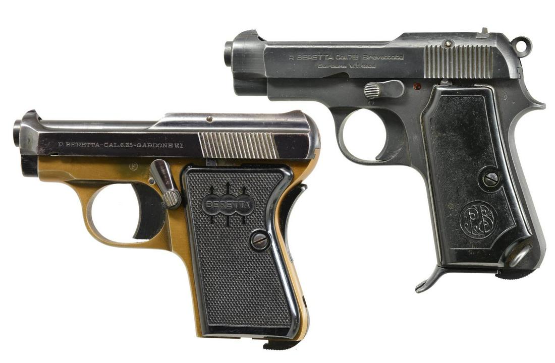 2 BERETTA SEMI-AUTO PISTOLS; MODELS 21 & 1935.: 1) MODEL 21 BOBCAT. Cal. 6.35mm (25 ACP). S# 11586C. Bbl. 2.4". Mfg. 1956. Bronze toned alloy frame w/ black checkered plastic grips. Frame thumb activated & grip safeties. MAGS: none. CONDITION: good