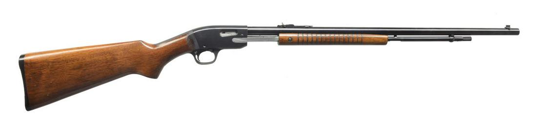SAVAGE MODEL 29B PUMP RIFLE.: Cal. 22 S, L, LR. NSN. Bbl. 24" rnd. w/ bead front sight & elevator adj. rear sight. Tubular mag. Blue finish. Flat bottom grooved forearm & pistol grip walnut stock w/ grooved hard rubber buttplate. 