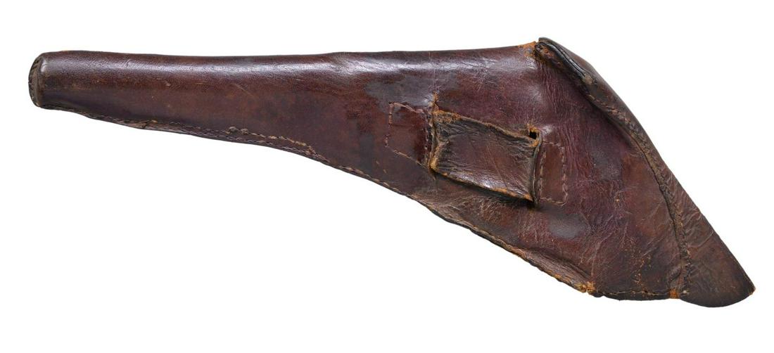 CONFEDERATE HOLSTER FOR GRISWOLD REVOLVER.: This is a wonderful brown leather holster w/ a flower button as closure. This holster for many years was in the Steve Mullinax collection. He displayed it w/ one of his Griswolds, though it will fit a