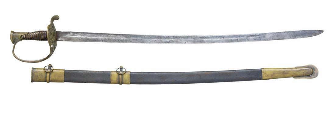 CONFEDERATE STAFF OFFICER'S SWORD W/ CS & STAR IN: HILT. Sword measures 35" overall w/ 29 3/4" blade w/ numerous laminated flaws & unstopped fuller. This pattern Confederate staff was probably first made by Boyle & Gamble of Richmond, VA w/ CS & Star