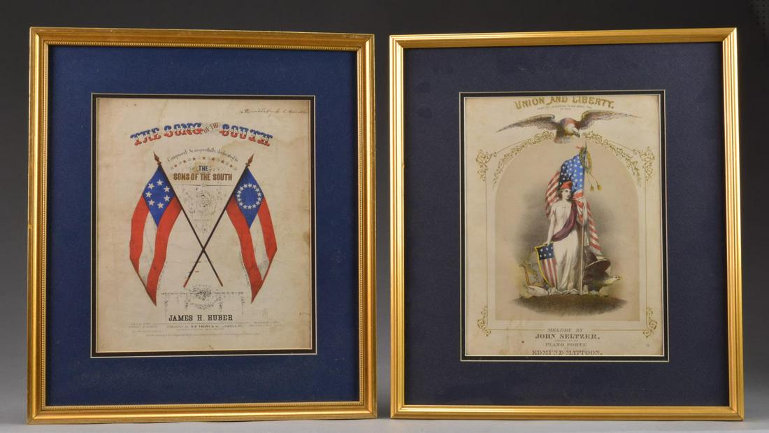 4 CONFEDERATE CIVIL WAR PIECES OF SHEET MUSIC.: 1) RARE COVER FOR CONFEDERATE SHEET MUSIC TITLED “BONNIE BLUE FLAG”. Also titled “Composed & Arranged for the Piano-Forte”, published by Miller & Beacham, Baltimore. Entered according to the A