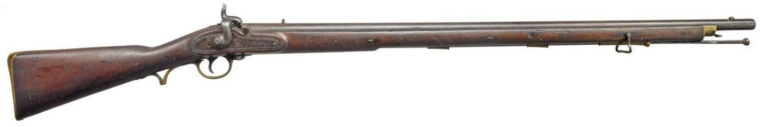 BRITISH EAST INDIA COMPANY NEPALESE ENFIELD: PATTERN PERCUSSION MUSKET. Cal. 75. NSN. Bbl. 39 1/4" rnd. w/ smooth bore. Lump front sight w/ fixed V notch rear sight. Lock marked w/ British East India Co. rampant lion. Pin fastened full length wa