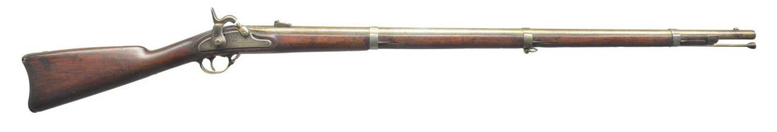 SPRINGFIELD 1861 RIFLED MUSKET.: Cal. 58. NSN. Bbl. 40" w/ 2 leaf rear sight. 1862 Dated Springfield lock. 2 Band walnut stock having partially visible cartouche on left side. Tulip tip iron ramrod. CONDITION: clean gray metal showin