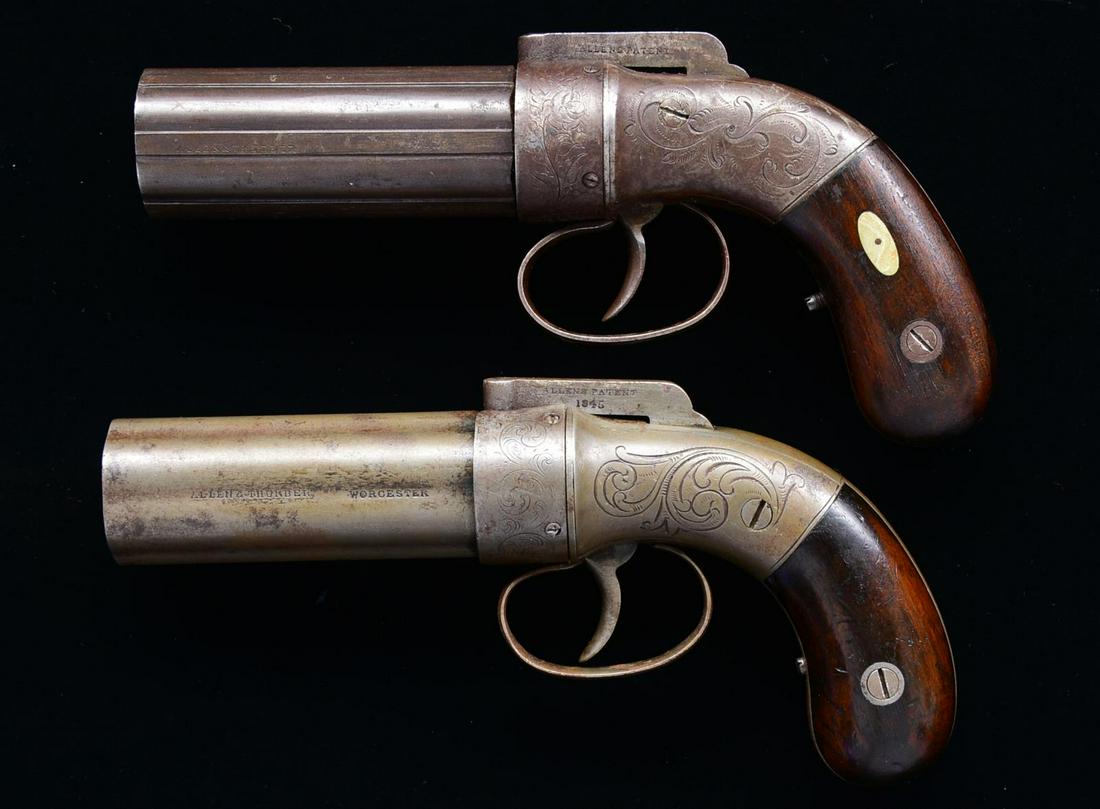 2 ALLEN & THURBER WORCESTER PEPPERBOX PISTOLS.: 1) Cal. .31. S# 185. 3.25” 6-Bbl. cluster, “ALLEN & THURBER WORCESTER” & “PATENTED 1837 CAST STEEL” stamped on adjacent bbl. ribs , “ALLEN’S PATENT” stamped on left side of bar hammer,