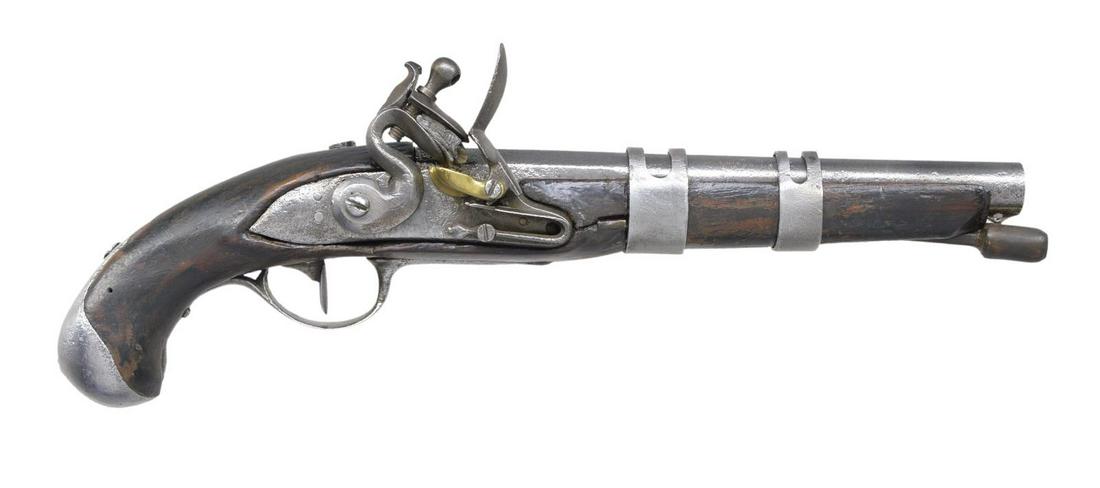 FRENCH FLINTLOCK PISTOL.: Cal. 58. NSN. Bbl. 7 3/4" rnd. w/ oct. shank. Lock has illegible mfg. mark. 2 Band fastened walnut stock w/ iron buttcap, trigger guard & sideplate. Replacement hardwood ramrod. CONDITION: metal has g