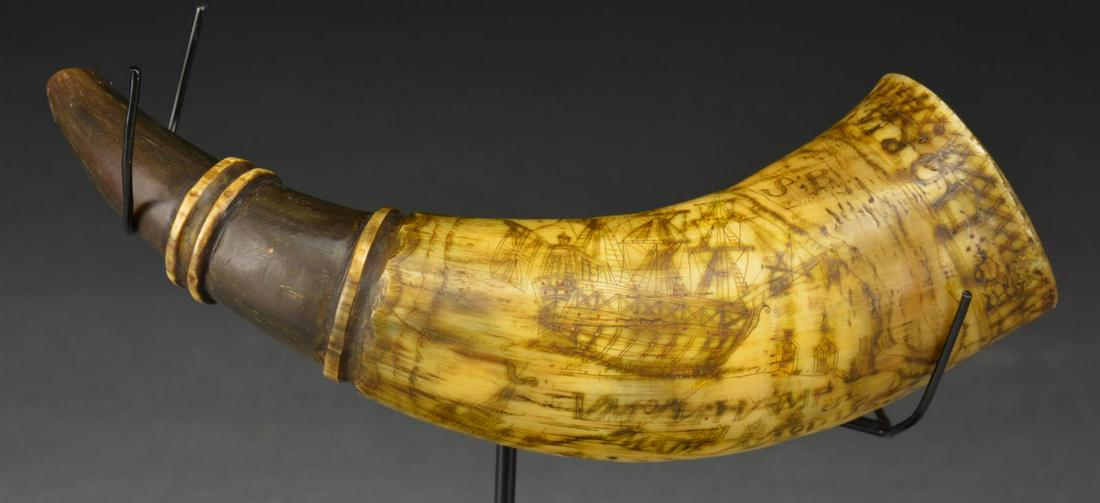 POWDER HORN OF “CALEB HOWE” 1750.: Small 8 1/2" pistol or priming horn carved around perimeter of base “CALEB HOWE HIS HORN” & below a sailing ship w/ British flag: “VMo N. HAMPS”. A lg. well carved British coat of arms, a row 