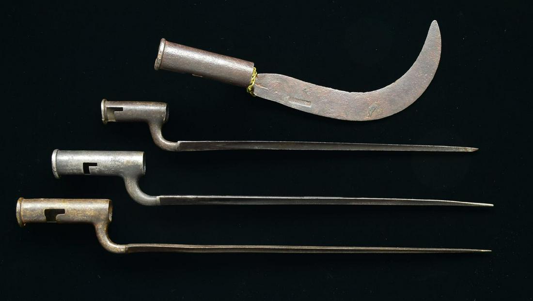 GROUP OF 4 18th CENTURY BROWN BESS BAYONETS.: 1) 21" Overall. 16 1/2" blade, 1 1/8" wide, indiscernible engraved letter & number on socket. 2) 16 3/4" Overall. 13 1/2" blade, 1 1/8" wide, blade marked “S&G Harvey”, “2” & “W.B”. 3) 19 