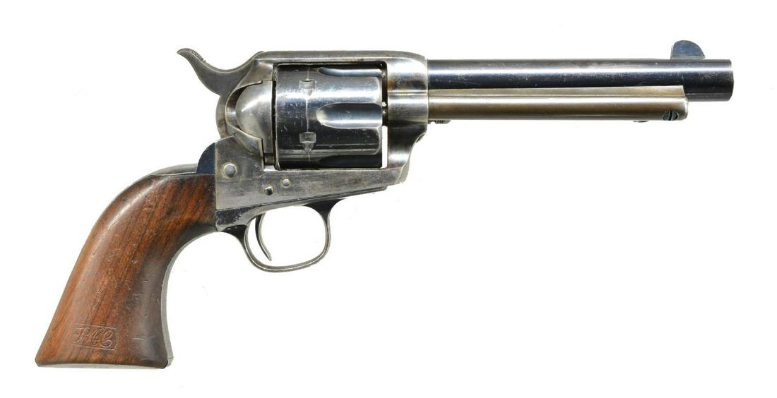 COLT ARTILLERY MODEL SAA US REVOLVER.: Cal. 45 Colt. S# 54589. Type 1 Artillery Model w/ shortened bbl. & mixed S#'s as rearsenaled. Bbl. 5 1/2" w/ blade front sight. 6 Shot fluted cyl. Blue finish w/ case colored frame. Left side of frame