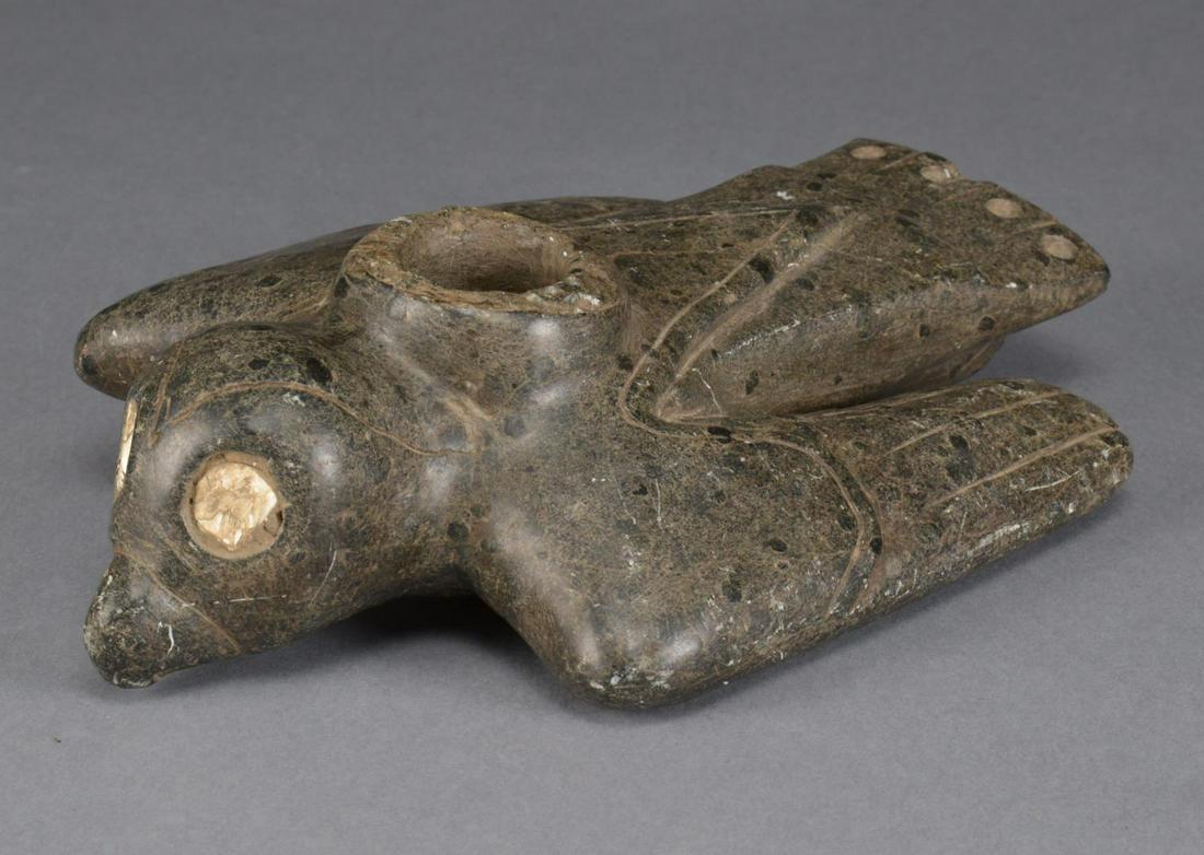 NATIVE AMERICAN BIRD OF PREY CEREMONIAL PIPE.: Lg. steatite or claystone bird of prey pipes are most often found in the context of Mississippian ceremonial centers. The symbolism of these lg. pipes relate to the everyday activities of a hunter gat