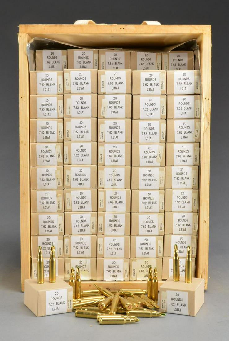 1800+ RDS. OF 7.62 NATO L31A1 BRASS BLANKS.: 1 Wooden crate originally containing 100 - 20 rd. cardboard boxes. Brass blanks w/ crimped ends for more reliable feeding. Austrian mfg. head stamped “HP / 92 / L31A1”. Exposed rds. are shiny & cl