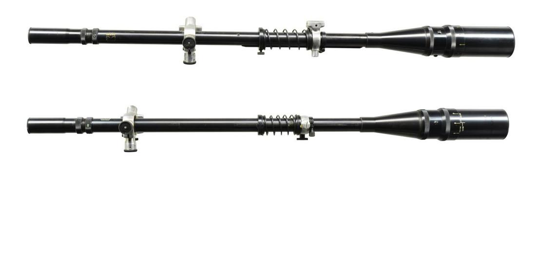 2 UNERTL 16X 1.5" TARGET SCOPES.: BOTH: Mfg. 1950-1985 in all even powers from 10 to 20. 25 1/2" Long, 3/4" tubes, .85" eyepieces & 1.71" objective fronts. Natural finished aluminum target rings w/ recoil spring assemblies. Blued stee