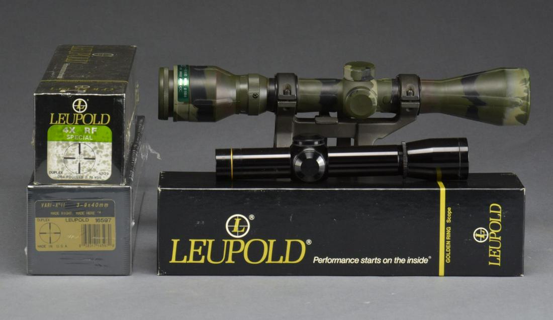 4 SCOPES: 3 LEUPOLD & SIMMONS IN HK MOUNT.: ALL: duplex reticles & 1" tubes. CONDITION: #1 & 2 new in sealed boxes; #3 (in box) & 4 near excellent. 1) LEUPOLD. 4X Rimfire Special. (02-14089/NW). 2) LEUPOLD. 3-9X40 Vari-X II. (02-14089/NW). 3) L