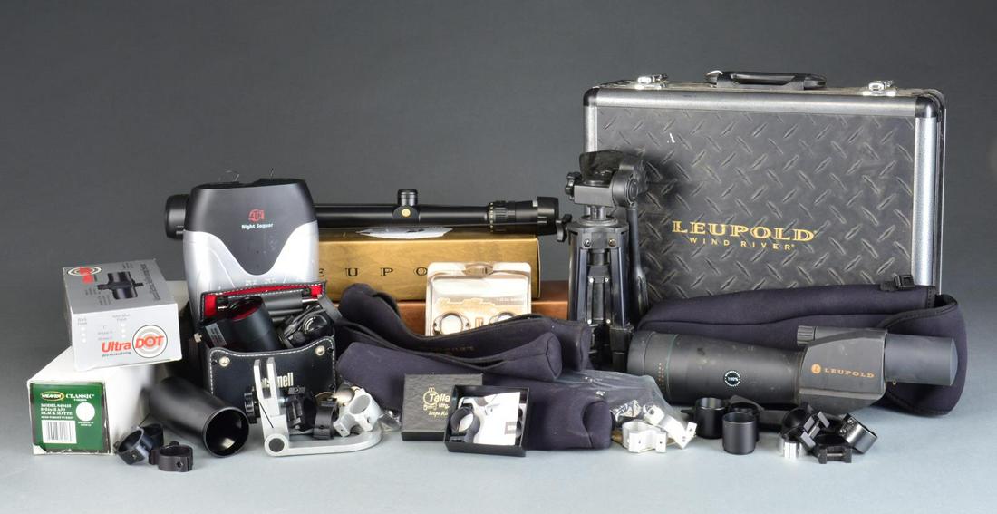 VARIOUS OPTICS & ACCESSORIES.: 1) Leupold Wind River 15X-45X spotting scope w/ case, tripod & carry strap. 2) ATN Night Jaguar night vision binoculars w/ integral infrared illumination plus case & paperwork. 3) Weaver black matte f