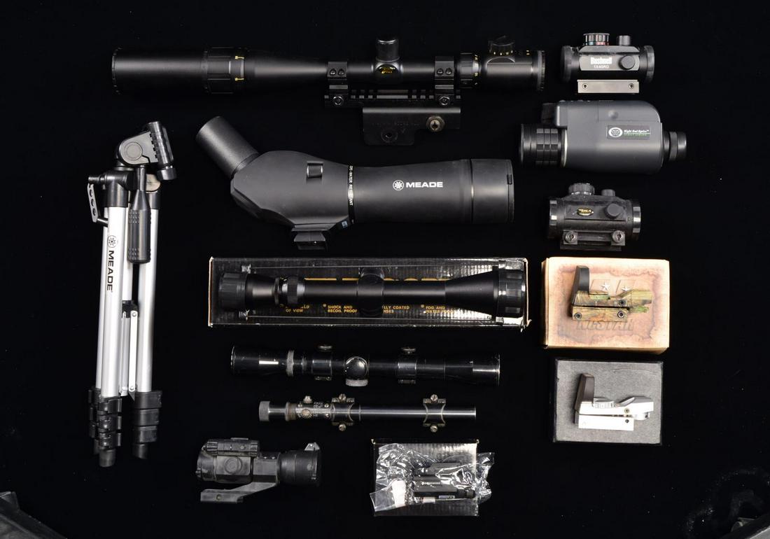 LOT OF SCOPES, OPTICAL SIGHTS, SPOTTING SCOPES: & NIGHT SIGHT. 1) BSA Mil Dot 4-16 X40IR matte finished scope w/ M14/M1A scope mt. 2) Valor 4x32 scope w/ standard cross hairs & Ruger rings. 3) W. R. Weaver M1X Rimfire rifle scope w/ Dot reticle & s