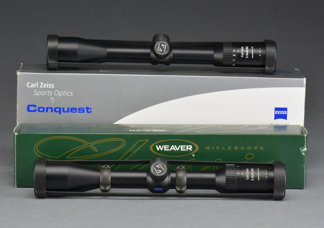 3 RIFLE SCOPES: 2 ZEISS & WEAVER.: ALL: matte finished, 3-9 power w/ duplex reticles & 1" tubes. 1) ZEISS CONQUEST w/ 40mm objective & Euro fast focus; in original box. 2) ZEISS CONQUEST w/ 40mm objective & Euro fast focus; Leupold mat