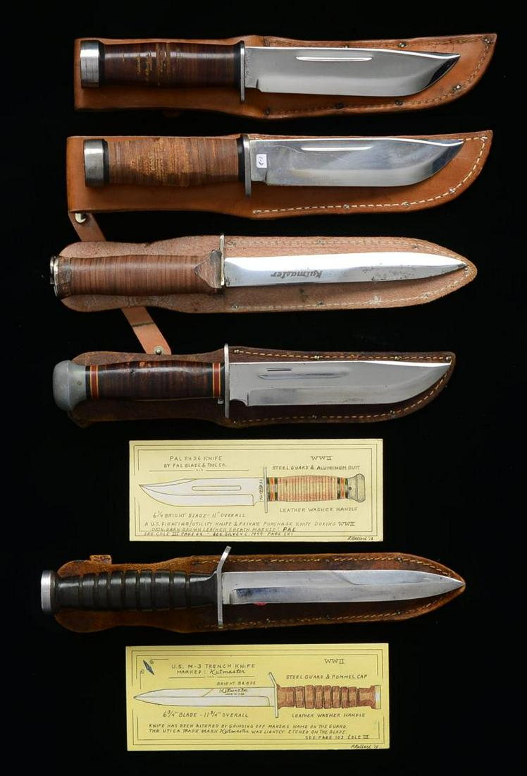 5 US FIGHTING KNIVES.: 1) TRENCH KNIFE. Overall length: 12” to top of ring. Bright blade marked horizontally on the side, “KUTMASTER MADE IN USA”. Bright steel crossguard & pommel w/ lanyard ring. Stacked leather wash
