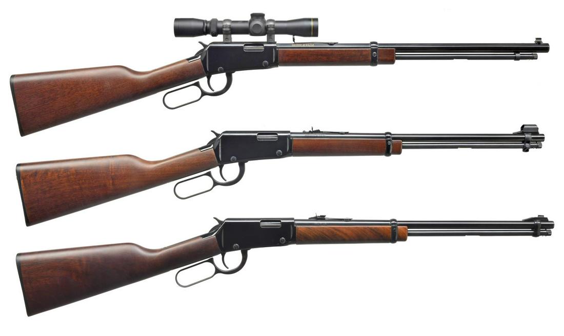 3 HENRY REPEATING ARMS LEVER ACTION RIFLES.: 1) OCTAGON FRONTIER. Cal. 22 S, L, LR. S# T44235H. Bbl. 20" oct. w/ gold filled markings. Bead front sight & sporting rear sight w/ elevator removed. Grooved receiver w/ Leupold VX-I, 2-7x28 matte fin