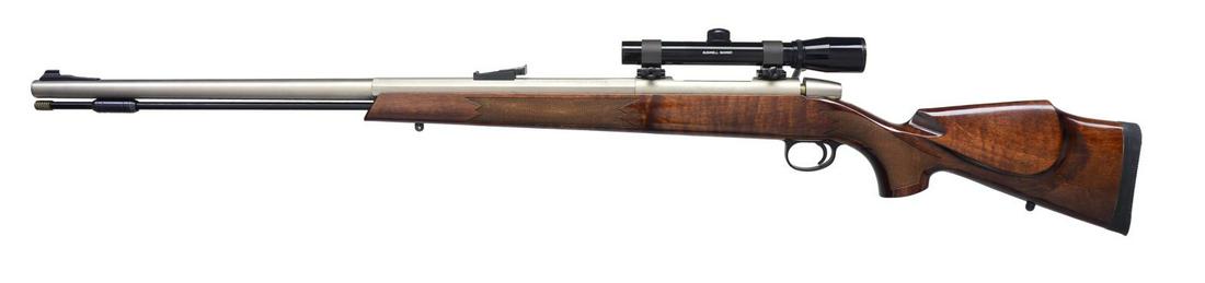 AUSTIN & HALLECK 420LR INLINE PERCUSSION RIFLE.: Cal. 50. S# 0010245. Bbl. 26" oct. to rnd. bbl. w/ ramp mounted bead front sight & U notch adj. rear sight. Stainless steel bbl. & bolt operated Inline action w/ safety on right side. Monte Carlo chee