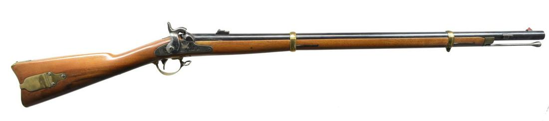 NAVY ARMS ZUOAVE PERCUSSION RIFLE.: Cal. 58. S# 296. Bbl. 33" w/ bayonet lug, post front sight & 2 folding leaf rear sight. Case colored lock & hammer w/ American Eagle & shield over "NAVY ARMS CO." & "1960". 2 Band musket length walnut