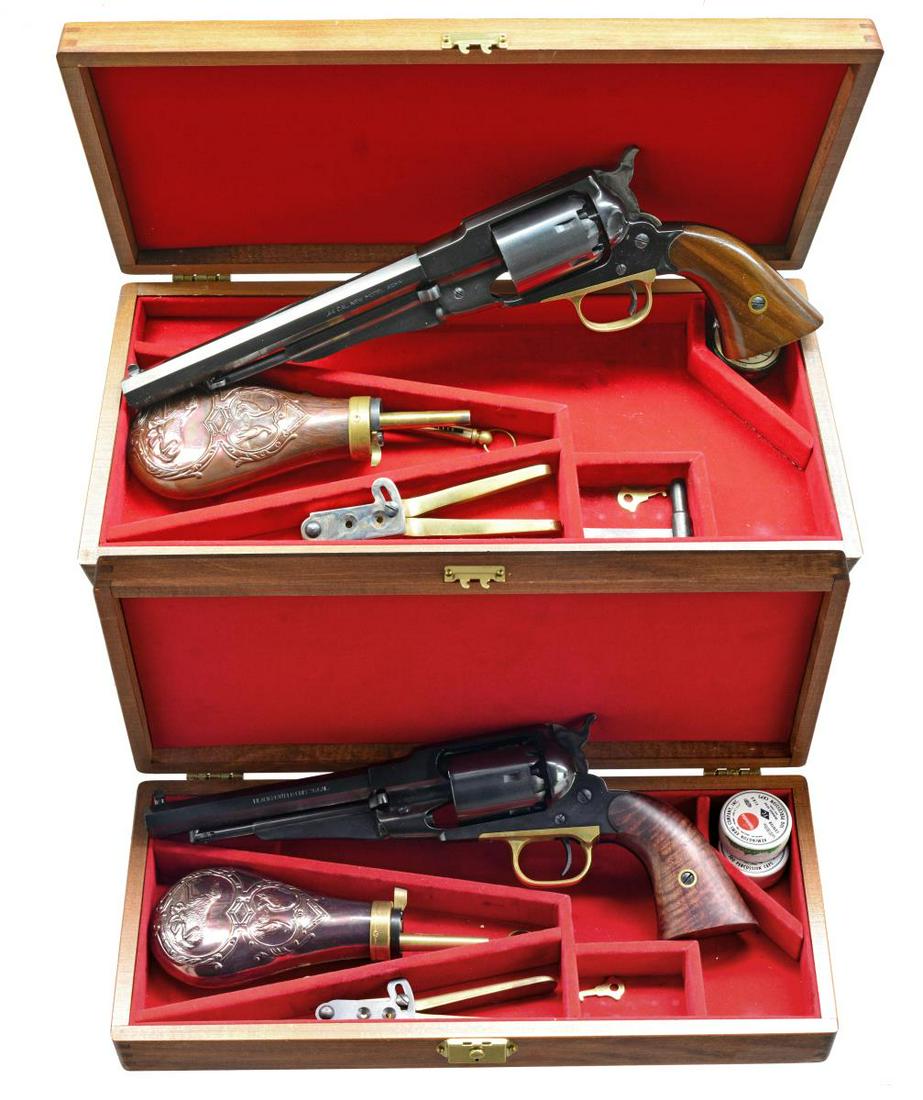 CASED PAIR OF EUROARMS/F.LLI.PIETTA NEW MODEL ARMY: & NAVY REVOLVERS. 1) NEW MODEL ARMY. Cal. 44. S# 013597. Bbl. 8" oct. 6 Shot rnd. cyl. Blue finish w/ brass trigger guard having case colored hammer & trigger. 2 Piece walnut grips. UNATTACHED ACCESSO