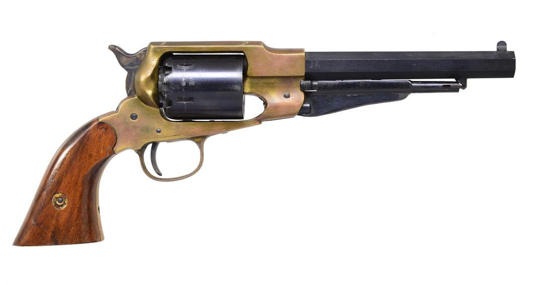FIE 1858 NEW MODEL NAVY CAP & BALL REVOLVER.: Cal. 36. S# 616. Bbl. 6 1/2" oct. 6 Shot rnd. cyl. Blue finish w/ brass frame & trigger guard. 2 Piece hardwood grips. Italian mfg. CONDITION: 90% blue showing cyl. drag line. Brass is acquiring a dar