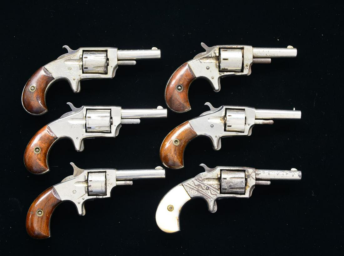 6 IVER JOHNSON ANTIQUE SA REVOLVERS.: ALL: cal. 22 RF. 1) DEFENDER. S# 115 (under grips). Bbl. 2 1/4" rnd/ blade front sight. 6 Shot fluted cyl. Solid frame spur trigger action w/ nickel finish. 2 Piece walnut bird's head grips. CONDITION