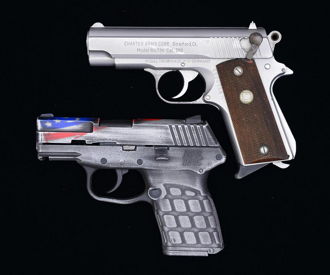 2 COMPACT SEMI AUTO PISTOLS.: 1) CHARTER ARMS MODEL 79K. Cal. 380 ACP. S# C000758. Bbl. 3 1/2”. Compact stainless steel design very similar to that of the time honored Colt 1911. Stainless frame & slide. Fixed blade front sight